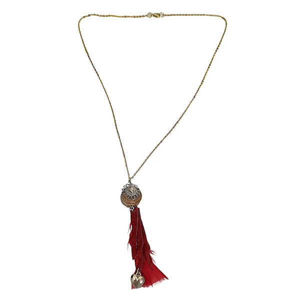 Handcrafted Wire Flower Heart Cork Red Suede Fringe Feather Necklace - Picture 3 of 4